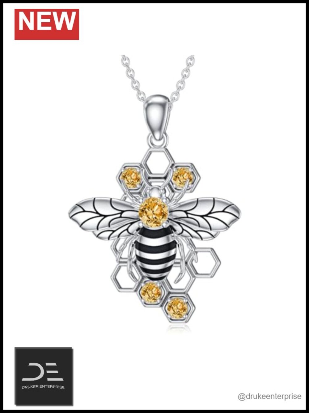 925 Sterling Silver Natural Citrine Bee Honeycomb Pendant Necklace